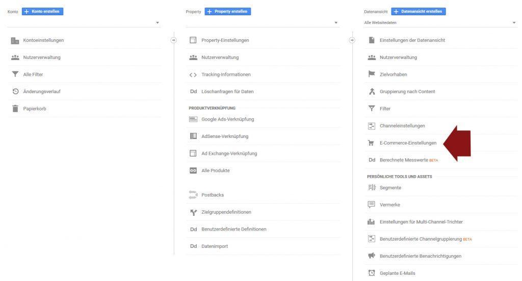 E-Commerce Tracking aktivieren - Google Analytics Property Datenansicht E-Commerce-Einstellungen