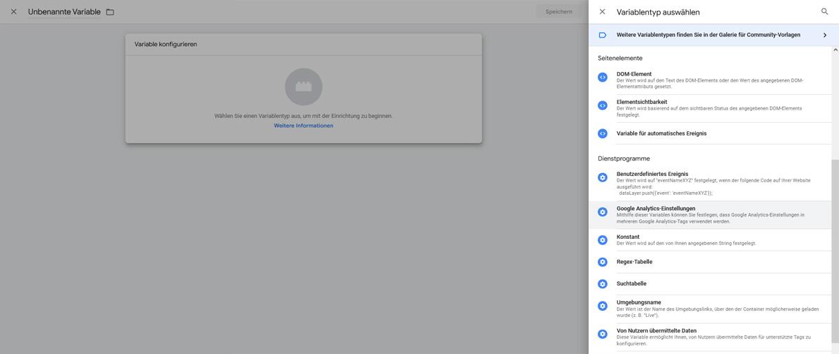 Google Tag Manager Neue Variable auswählen