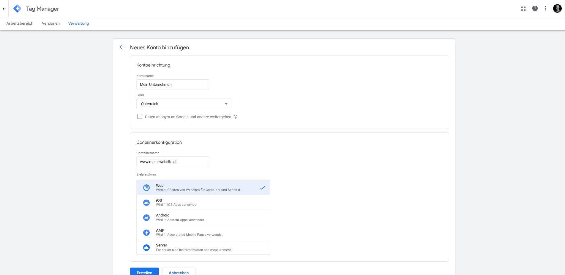 Google Tag Manager - Neues Konto hinzufügen