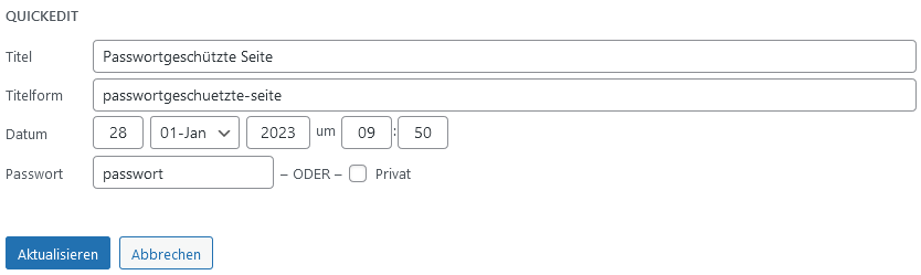 WordPress - Inhaltsseiten Liste Quickedit Passwortschutz
